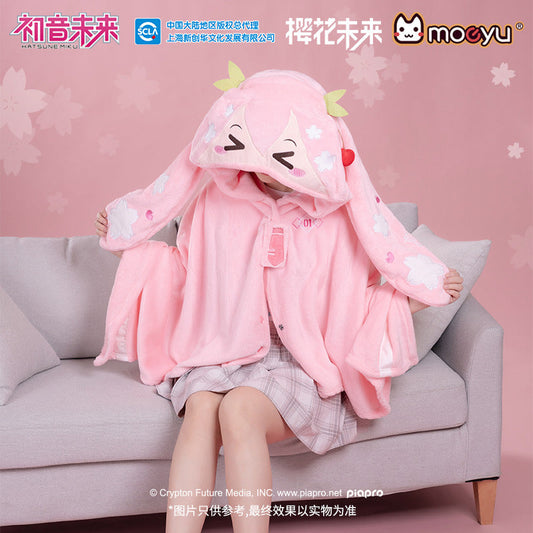 Moeyu: Sakura Future Squinting: Eyes Series Multifunctional Hooded Air Conditioning Blanket Pillow Warm Flannel Shawl-Moeyu-Makochan.store