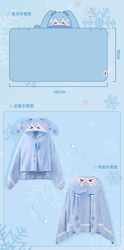 Moeyu Hatsune Miku Snow Miku Multifunctional Hooded Blanket Pillow Warm Flannel Shawl - Kanako.store
