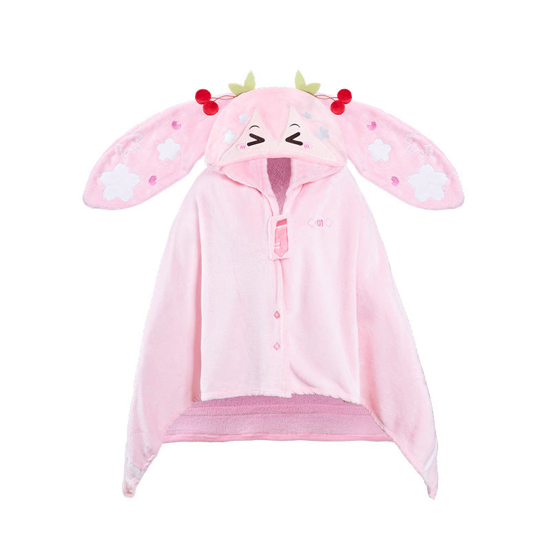 Moeyu: Sakura Future Squinting: Eyes Series Multifunctional Hooded Air Conditioning Blanket Pillow Warm Flannel Shawl-Moeyu-Makochan.store