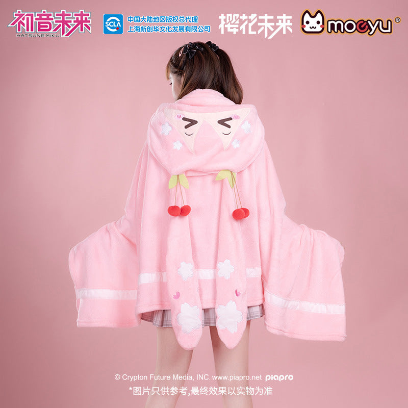 Moeyu: Sakura Future Squinting: Eyes Series Multifunctional Hooded Air Conditioning Blanket Pillow Warm Flannel Shawl-Moeyu-Makochan.store