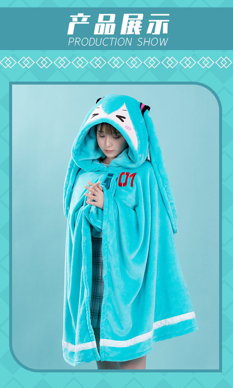 Moeyu Hatsune Miku Squinting Eyes Series Multifunctional Hooded Air Conditioning Blanket Pillow Warm Flannel Shawl-Moeyu-Makochan.store