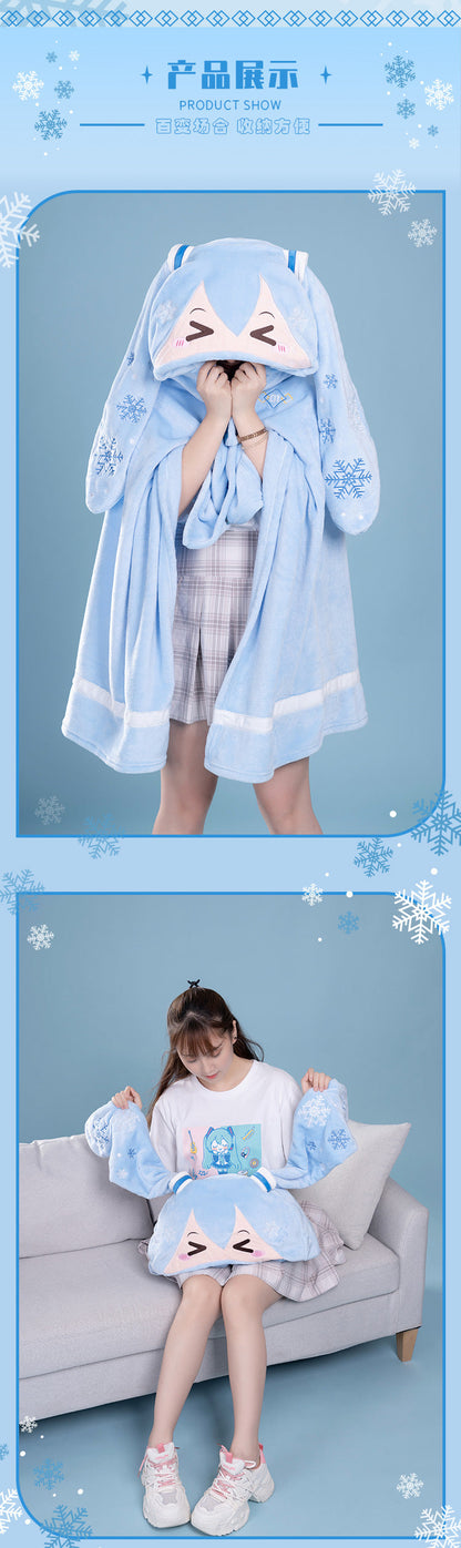 Moeyu Hatsune Miku Snow Miku Multifunctional Hooded Blanket Pillow Warm Flannel Shawl - Kanako.store