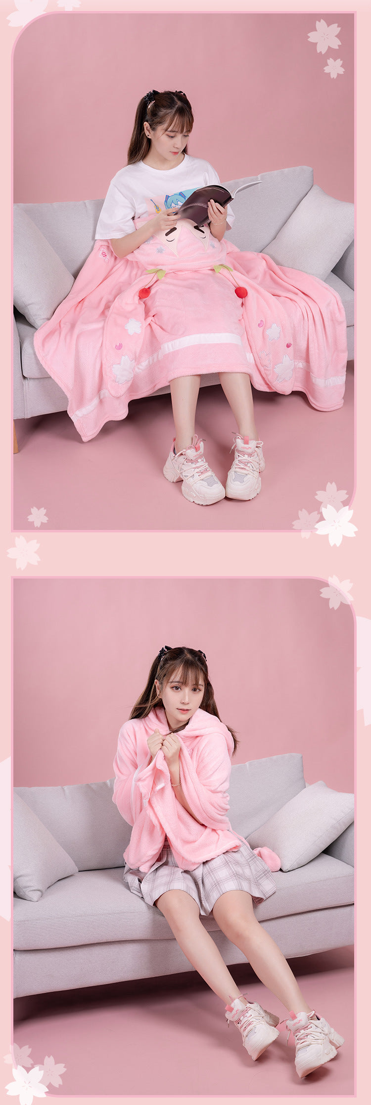 Moeyu: Sakura Future Squinting: Eyes Series Multifunctional Hooded Air Conditioning Blanket Pillow Warm Flannel Shawl-Moeyu-Makochan.store