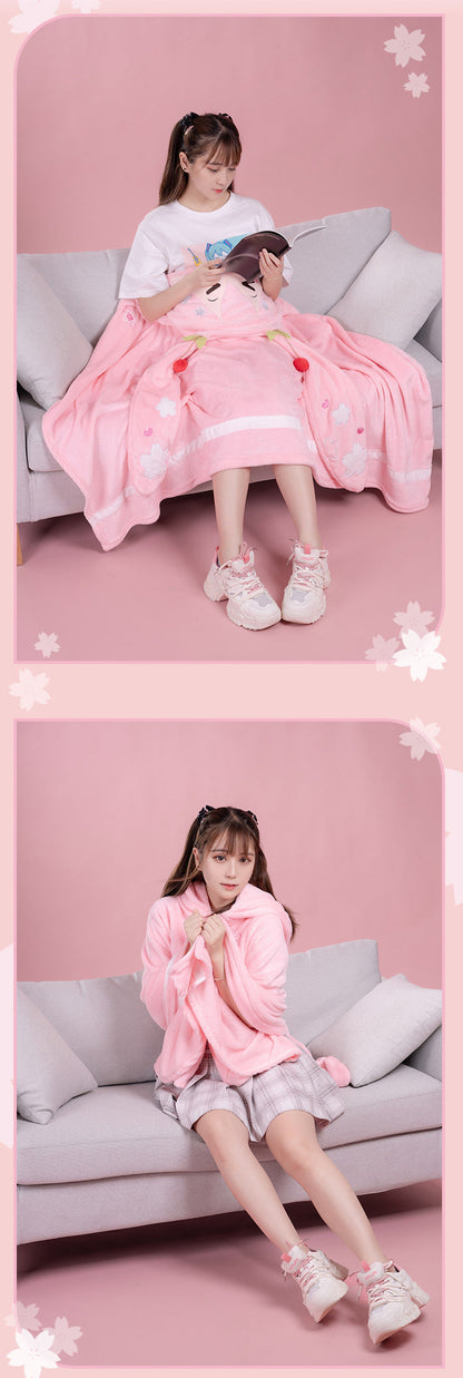 Moeyu: Sakura Future Squinting: Eyes Series Multifunctional Hooded Air Conditioning Blanket Pillow Warm Flannel Shawl-Moeyu-Makochan.store