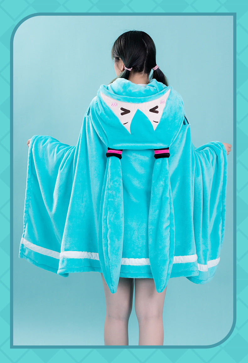 Moeyu Hatsune Miku Squinting Eyes Series Multifunctional Hooded Air Conditioning Blanket Pillow Warm Flannel Shawl-Moeyu-Makochan.store