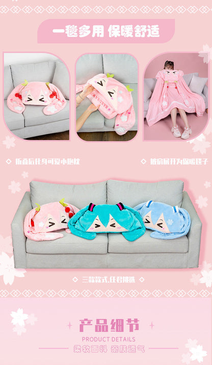 Moeyu: Sakura Future Squinting: Eyes Series Multifunctional Hooded Air Conditioning Blanket Pillow Warm Flannel Shawl-Moeyu-Makochan.store