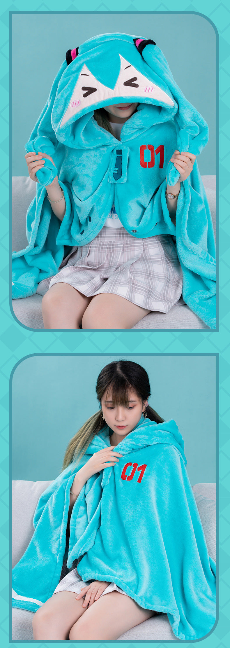 Moeyu Hatsune Miku Squinting Eyes Series Multifunctional Hooded Air Conditioning Blanket Pillow Warm Flannel Shawl-Moeyu-Makochan.store