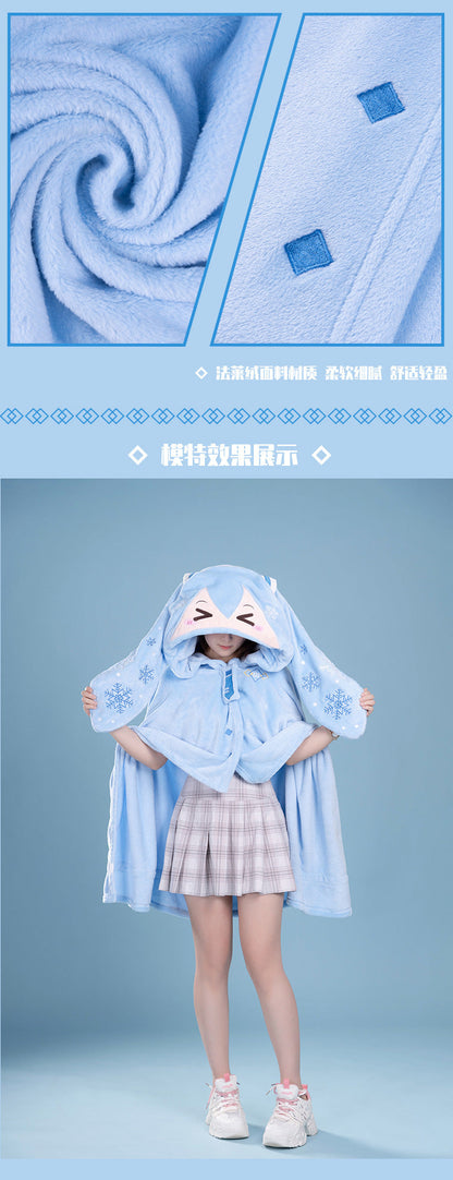 Moeyu Hatsune Miku Snow Miku Multifunctional Hooded Blanket Pillow Warm Flannel Shawl - Kanako.store