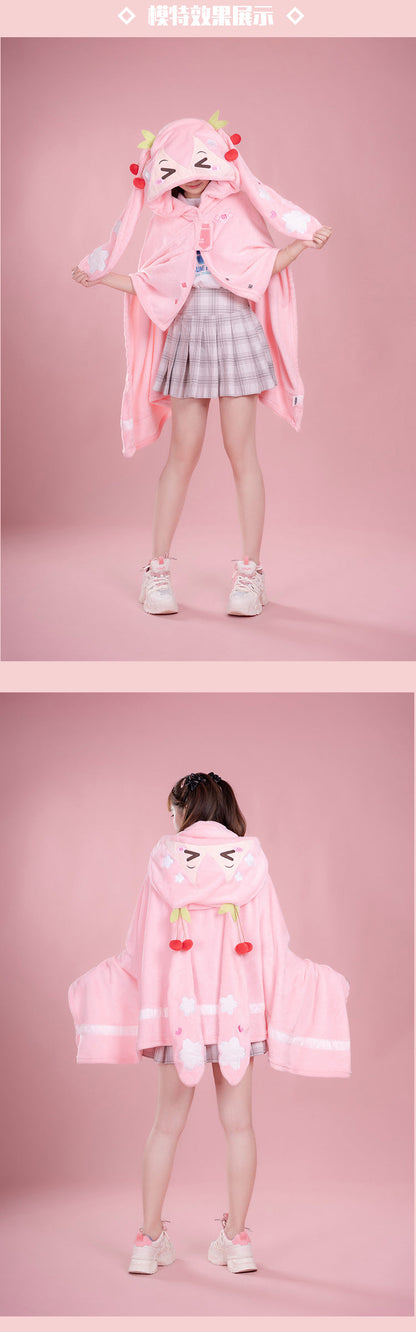 Moeyu: Sakura Future Squinting: Eyes Series Multifunctional Hooded Air Conditioning Blanket Pillow Warm Flannel Shawl-Moeyu-Makochan.store