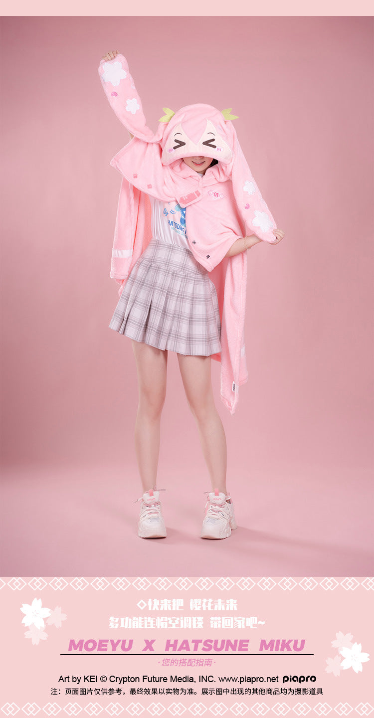 Moeyu: Sakura Future Squinting: Eyes Series Multifunctional Hooded Air Conditioning Blanket Pillow Warm Flannel Shawl-Moeyu-Makochan.store