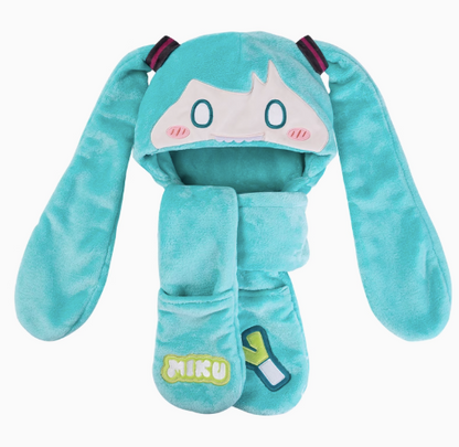 Moeyu Hatsune Miku 3-in-1 Plush Winter Set, Bite Hat, Scarf, Gloves and Hooded Neck Warmer - Kanako.store